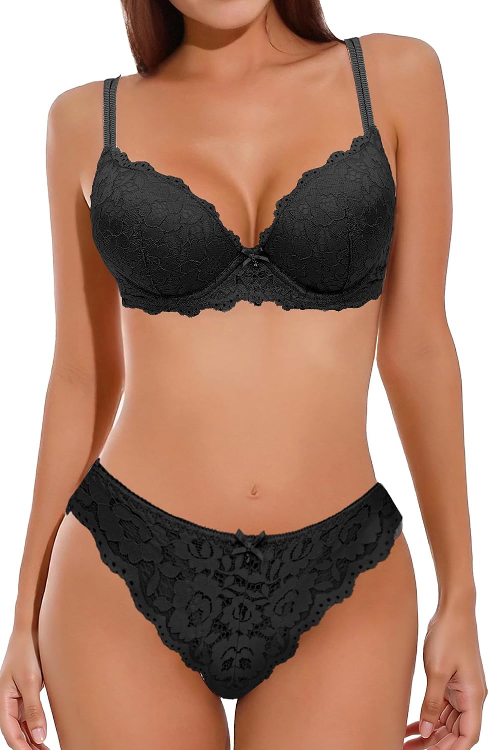 Panegy Women's Lace Lingerie Set Floral Sexy Underwear Set Thick Cup Push-Up Bra with Brief 2 Pieces