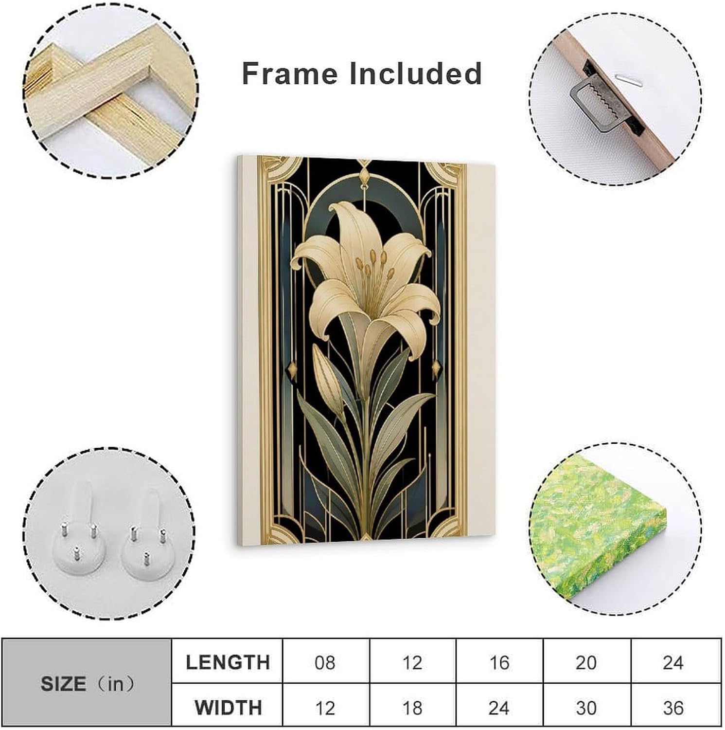 Art Deco Floral Framed Print, Gold Lily Pattern Artwork 16x24inch Frame-style image 4
