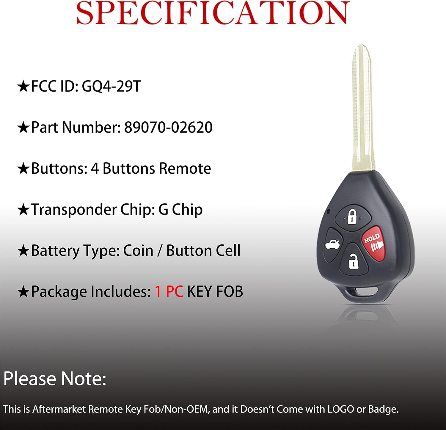 MechanMagic Key Fob Remote Replacement Fits for Toyota 2009 2010 2011 2012 2013 2014 2015 2016 Venza/2010-2013 Corolla Keyless Entry Remote Control GQ4-29T G CHIP 89070-02620