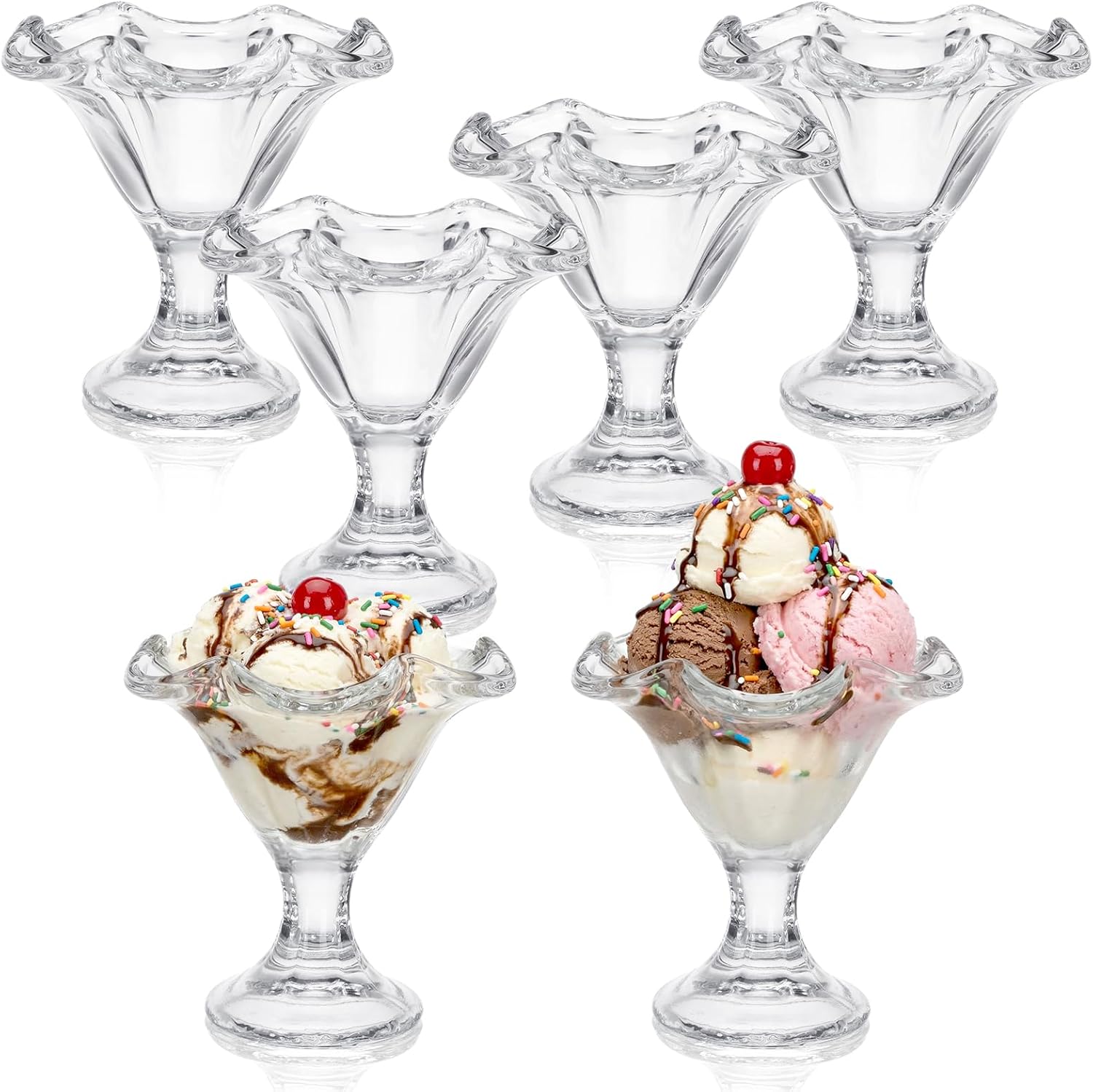 6 Pcs 8oz Glass Ice Cream Sundae Cups Clear Tulip Dessert Bowls Glass Ice Cream Cups Set for Parfait, Trifle, Fruit, Salad, Party