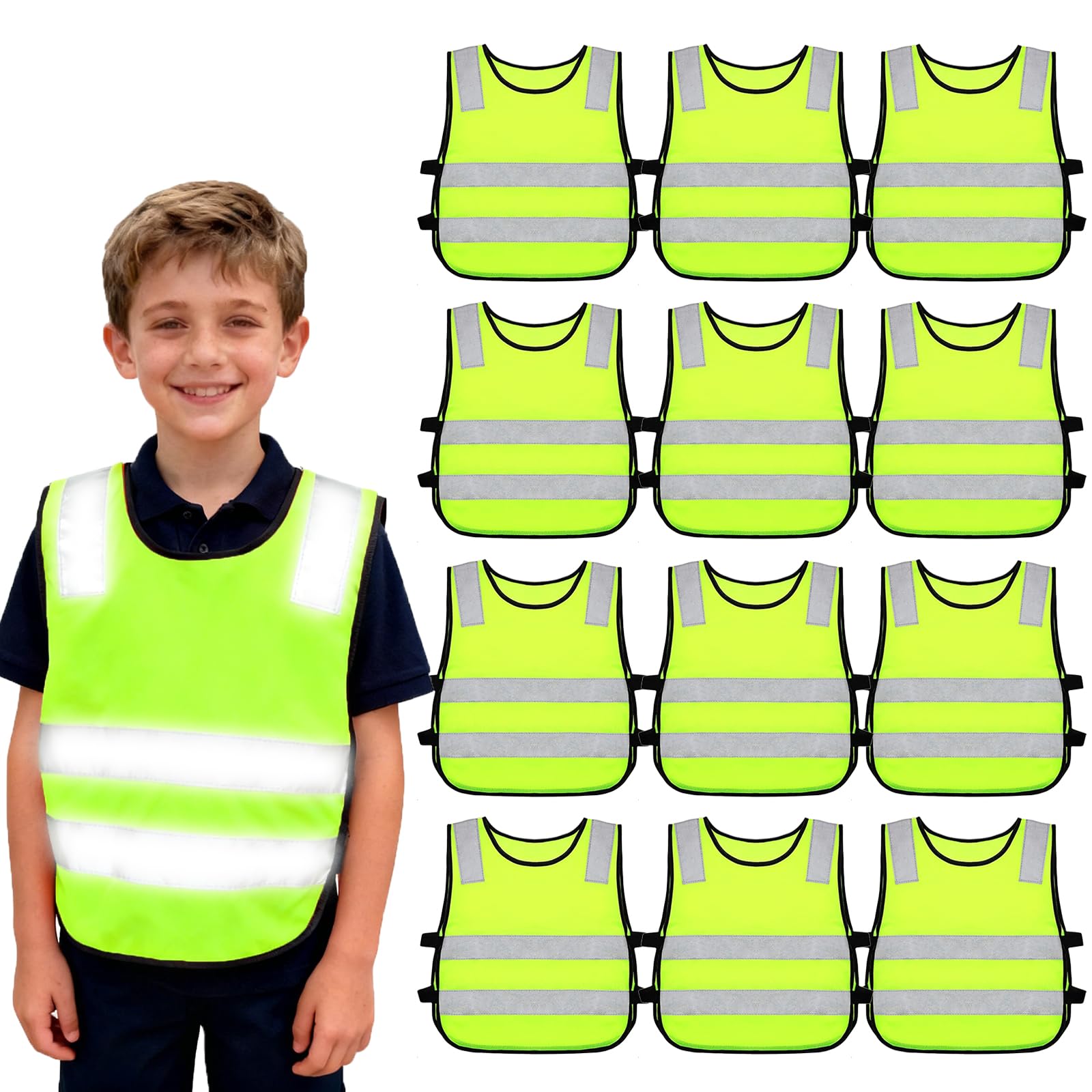 PORFOYO Lot de 12 gilets de sécurité pour voiture - Gilet de sécurité pour enfants - 40 x 45 cm - Gilet réfléchissant pour enfants - Pour le sport, la course, le vélo, l'école, la voiture, les garçons