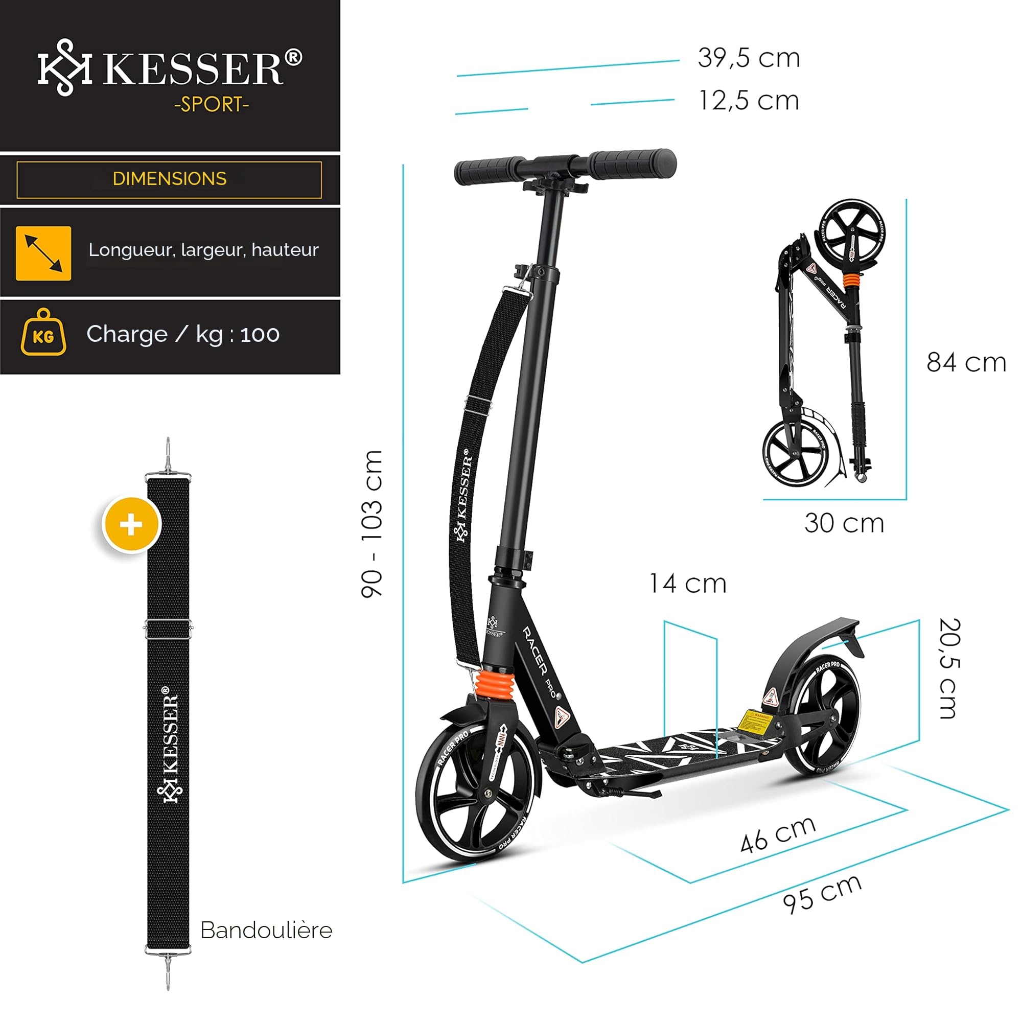 KESSER® Cityroller - Trottinette avec grosses roues en polyuréthane de 205 mm PRO-S, double suspension, pliable et réglable en hauteur, convient en ville, pour adultes et enfants