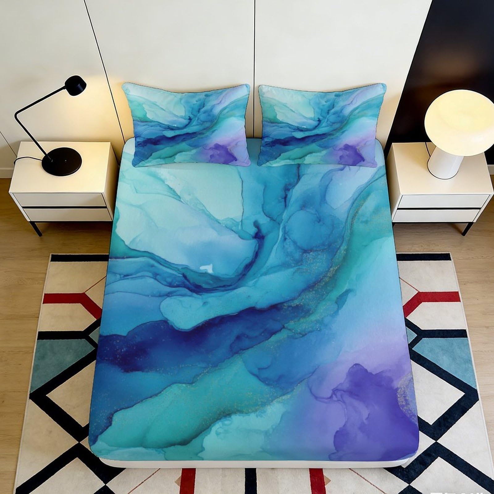 3D Printed Blue Watercolor Fitted Sheet Microfiber Soft Breathable Abstract Ocean Mattress Cover for Bedroom Guest Room Decor 180x200x25cm