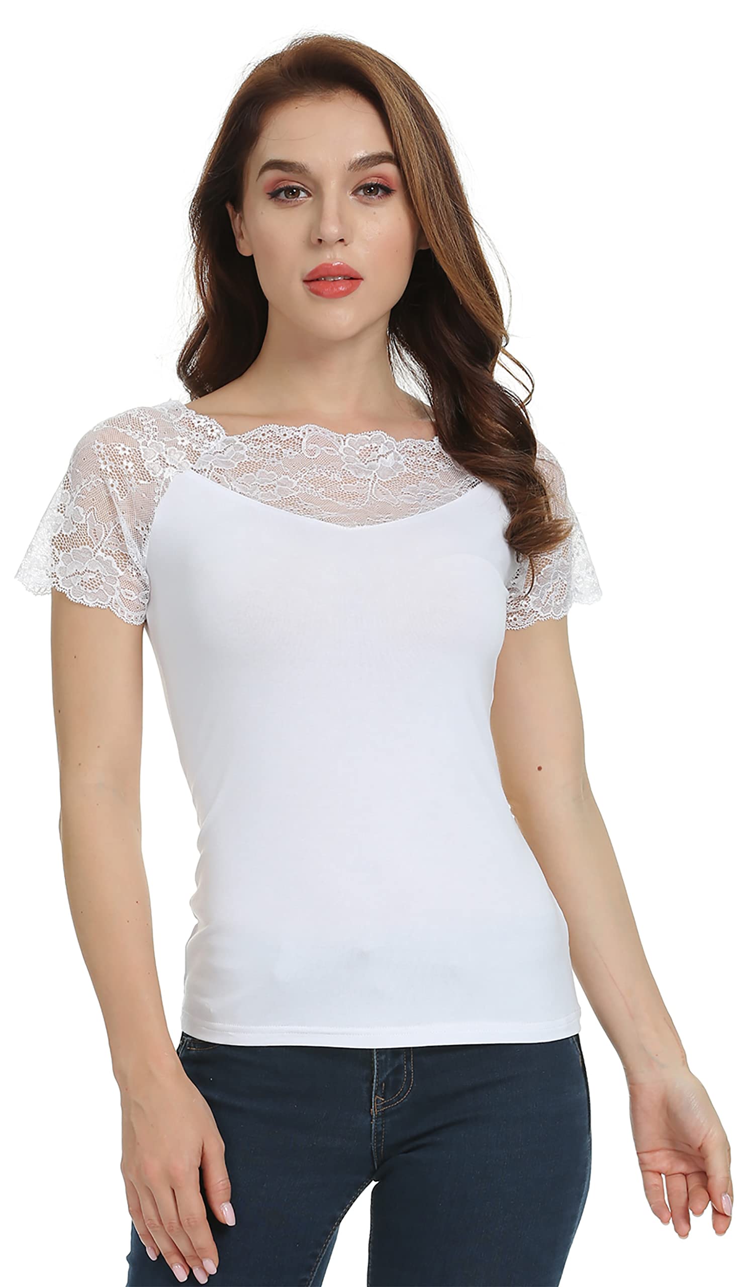J.Corrine Mujer Blusas Camisetas de Verano con Cuello Redondo Blusas de Encaje de Manga Corta Camisas Mujer Elegantes