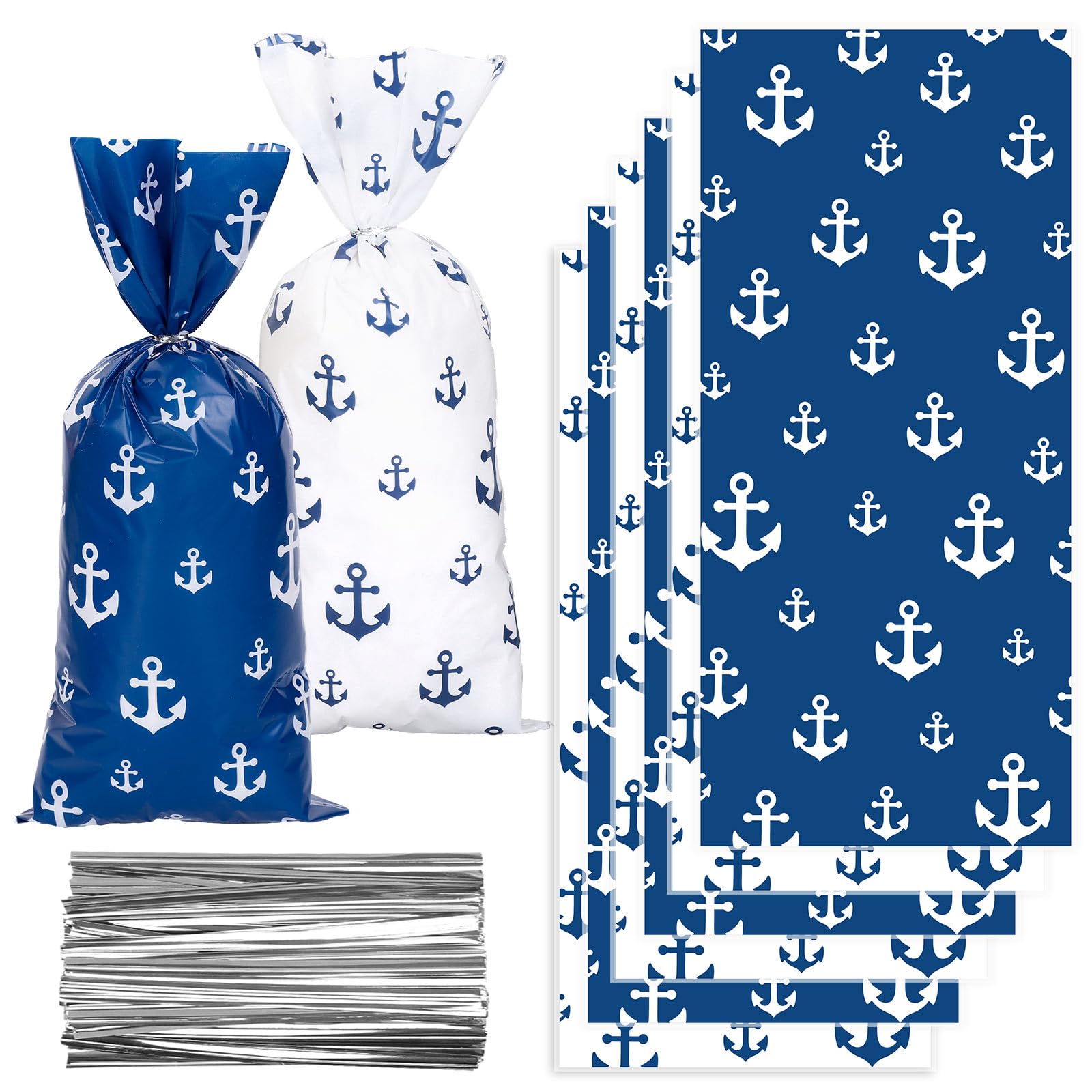 FYSUIMU 100 Pcs Summer Nautical Anchors Cellophane Bags Navy Blue White Anchor Plastic Goodie Candy Bag Cello Gift Bags with Twist Ties for Cruise