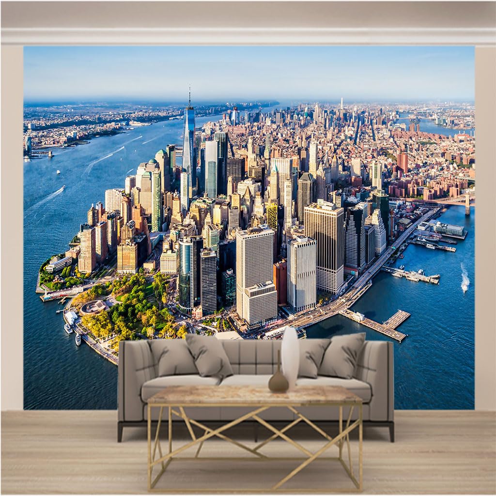 Trompe l'oeil panoramique urbain pour agrandir visuellement un salon