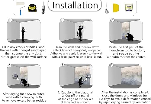 Miniatura 5 de Mural de papel pintado de bosque brumoso, pájaros, montaña, bosque, murales de pared para dormitorio, sala de estar (no autoadhesivo)