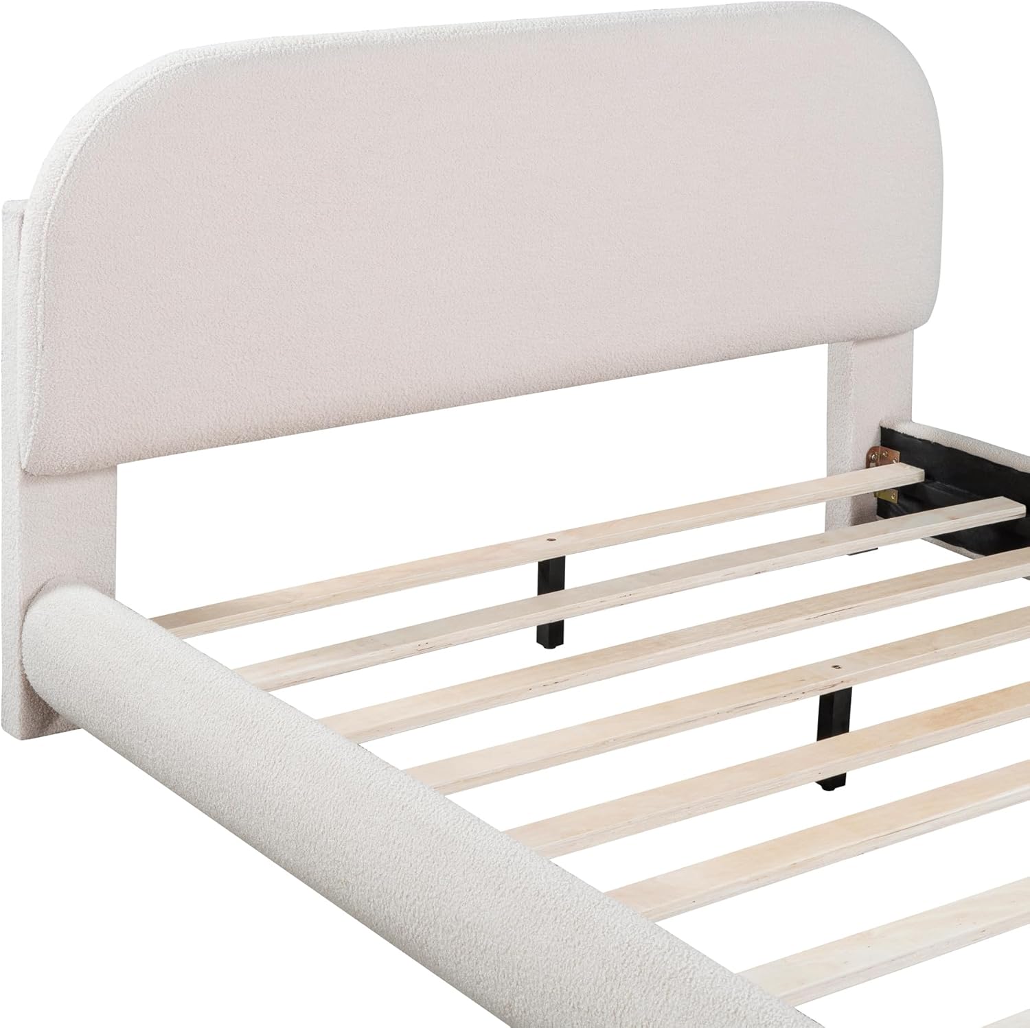 Elegant Full Size Upholstered Platform Bed with Thick Fabric and Solid Frame,Stylish Curve-Shaped Design, Teddy Fleece Grounded Bed for Bedroom Furniture (Beige/Teddy Fleece1, Full)