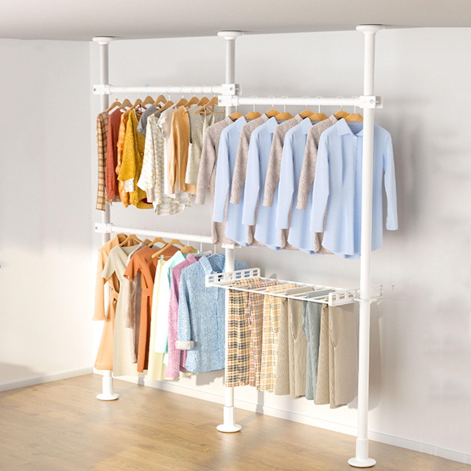 Tringle à vêtements télescopique réglable sol-plafond avec étagère et range-chaussures