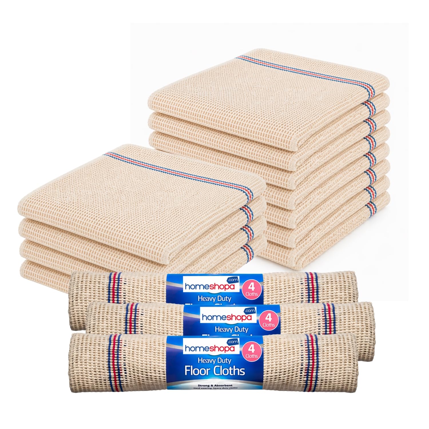 Homeshopa.com Beige With Red And Blue Stripes Homeshopa Floor Clothes, 12 Pack Heavy Duty Floor Cleaning Cloths, Roll Of 4 Strong & Super Absorbant Multipurpose Washable Floor Cloths, Ideal For Home & Commercial Industry