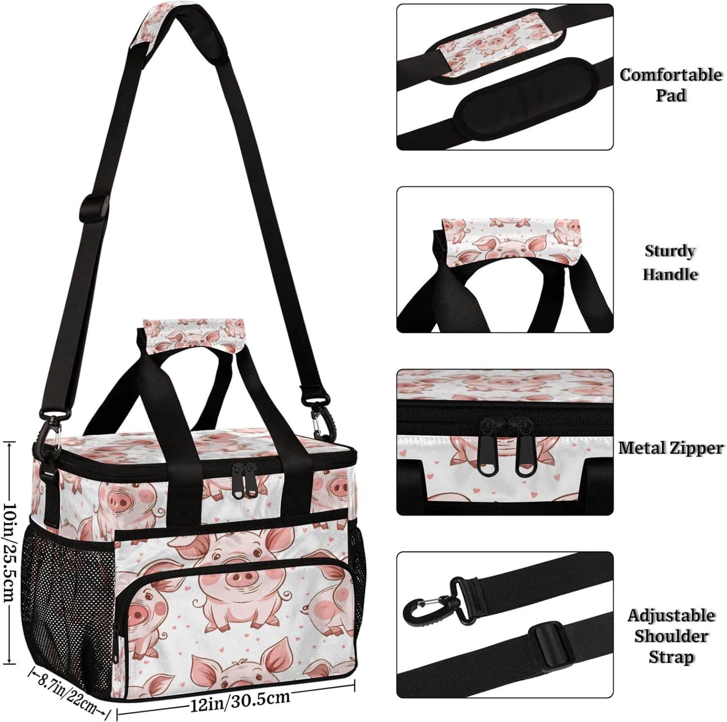 Cute Animal Pig Insulated Large Lunch Bag Lunchbox Reusable Leakproof Cooler Bags with Shoulder Strap for Adult Men Women Work Picnic