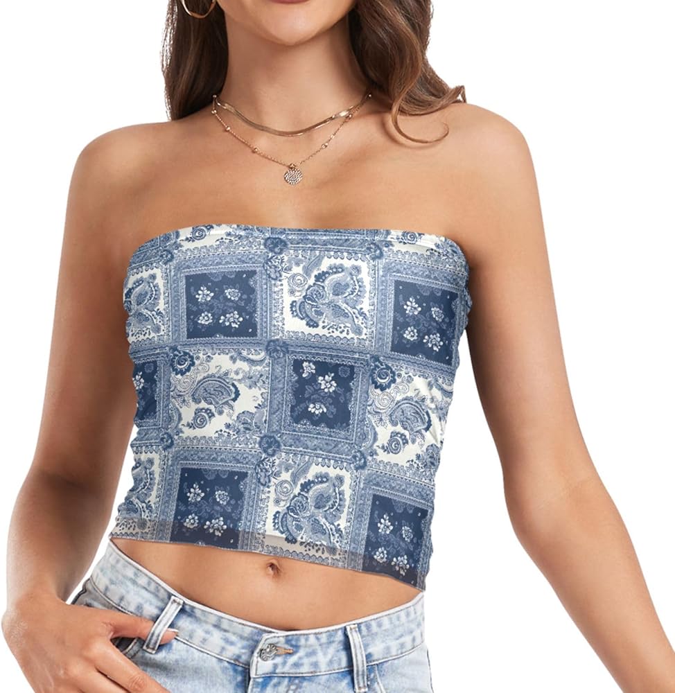 tope information｜tube top Womens Tube Tops Blue Paisley Mesh Crop Top Strapless Bandeau Tank