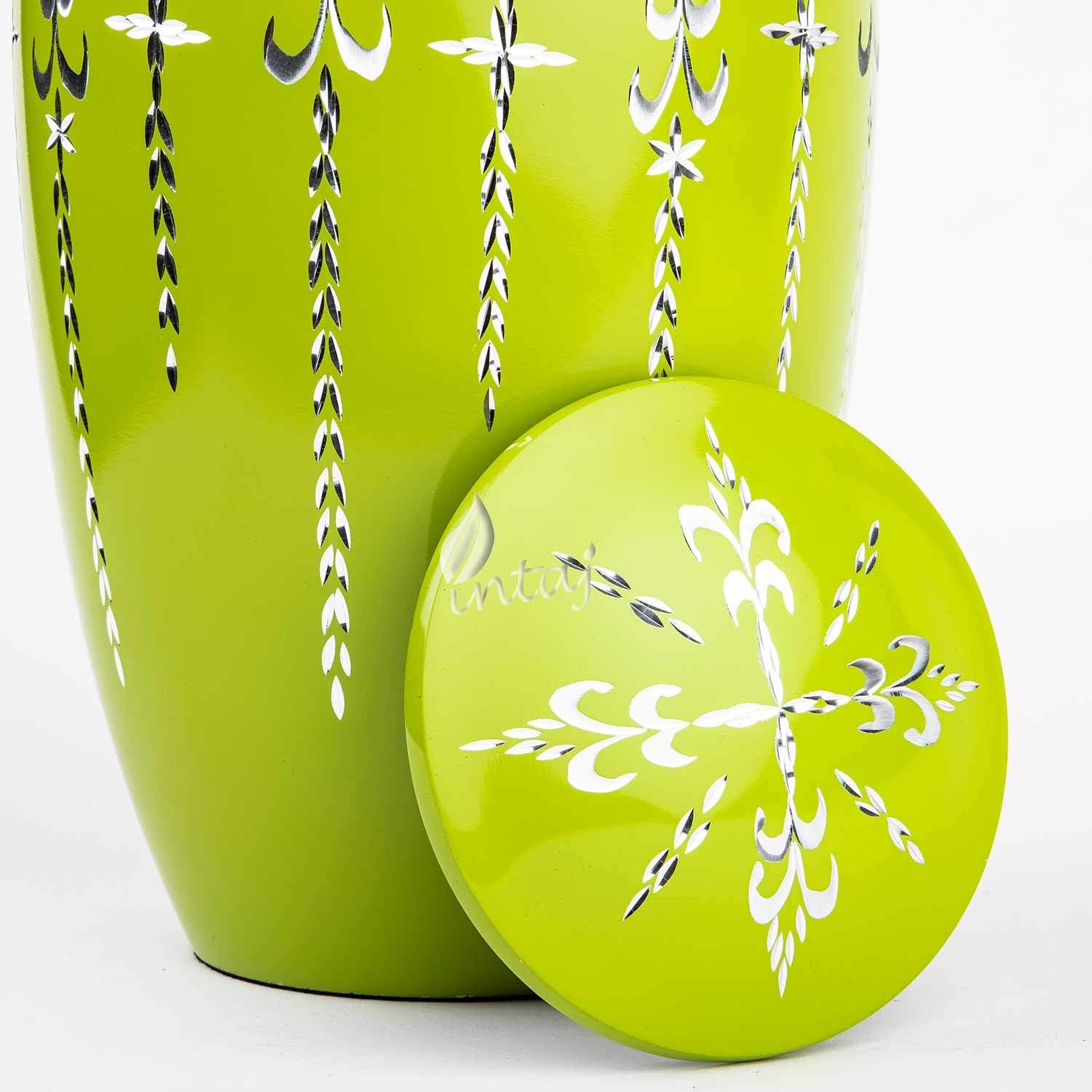 INTAJ Royal Cremation Urn for Human Ashes - Adult Funeral Urn Handcrafted - Diamond Cut Affordable Urn for Ashes Engrave - Large Burial Urn Deal (Lime Green, Adult (10H x6W) 200 lbs)