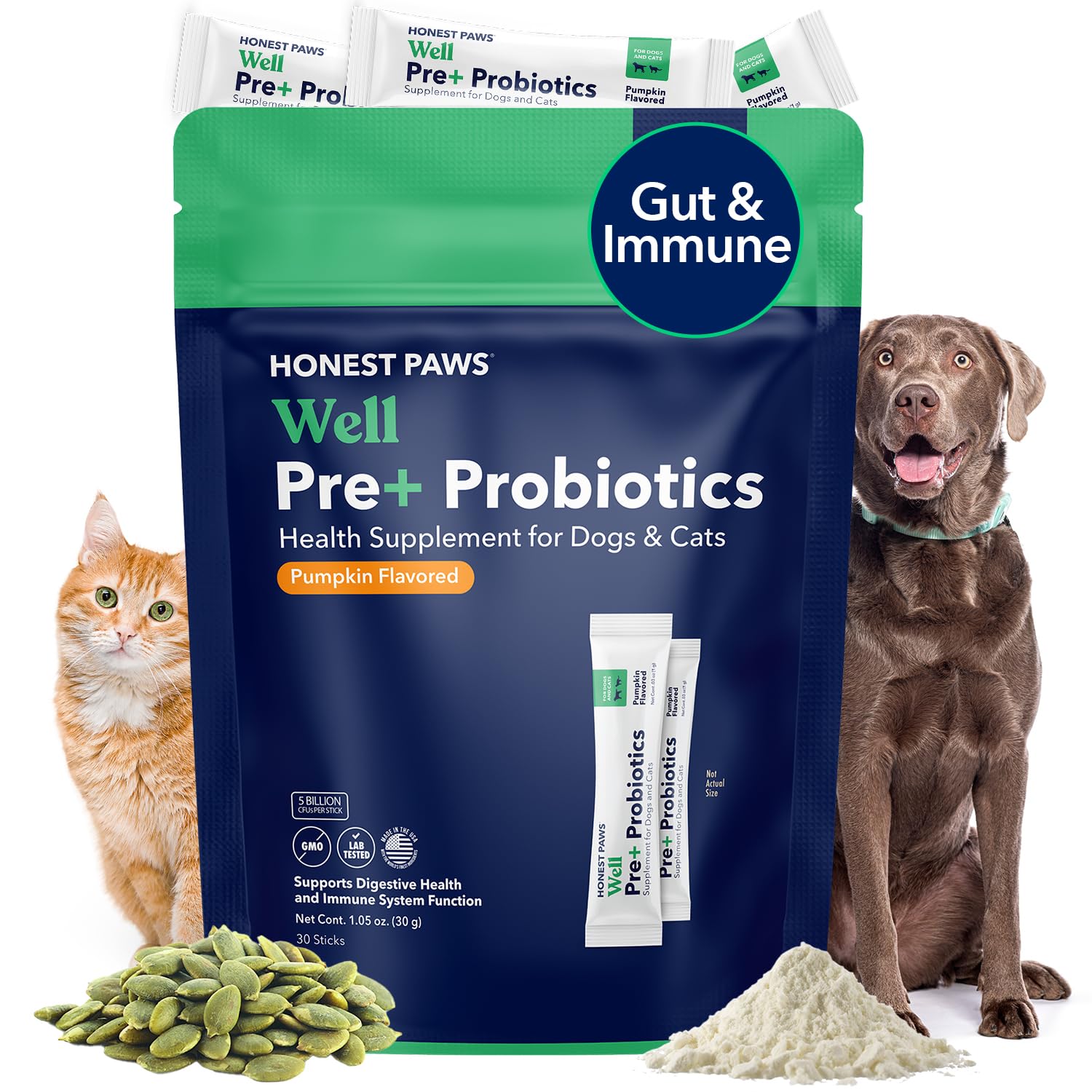 Honest Paws Probiotics for Dogs - Dog Digestion Gut Health Probiotic Powder with Prebiotic Made in The USA, Digestive and Immune Support - Digestive Enzymes with Pumpkin Flavor (30 Sticks)