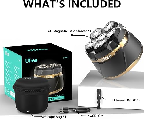 Miniatura 8 de Ufree Afeitadoras de cabeza para hombres calvos, afeitadoras eléctricas, maquinilla de afeitar recargable, afeitadora giratoria magnética 6D,
