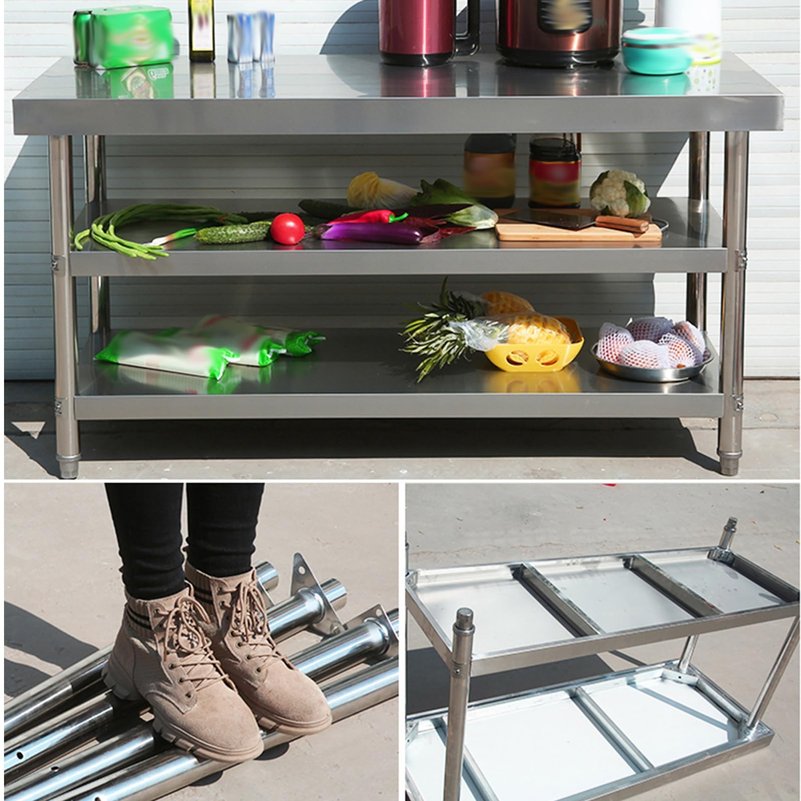 Mesa de preparación de acero inoxidable resistente para servicio de alimentos y uso doméstico, con estante inferior y patas galvanizadas, estación de trabajo de cocina duradera