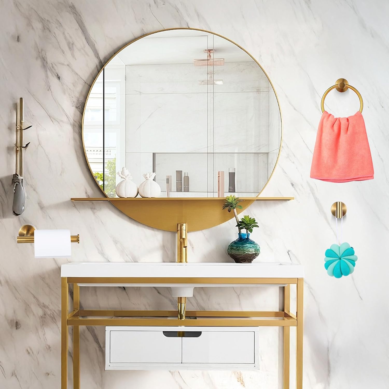 Towel Ring Toilet Paper Holder Towel Hook 4-Pieces Brushed Gold SUS304 Stainless Steel Bathroom Accessories Kit Wall Mounted - Image 6