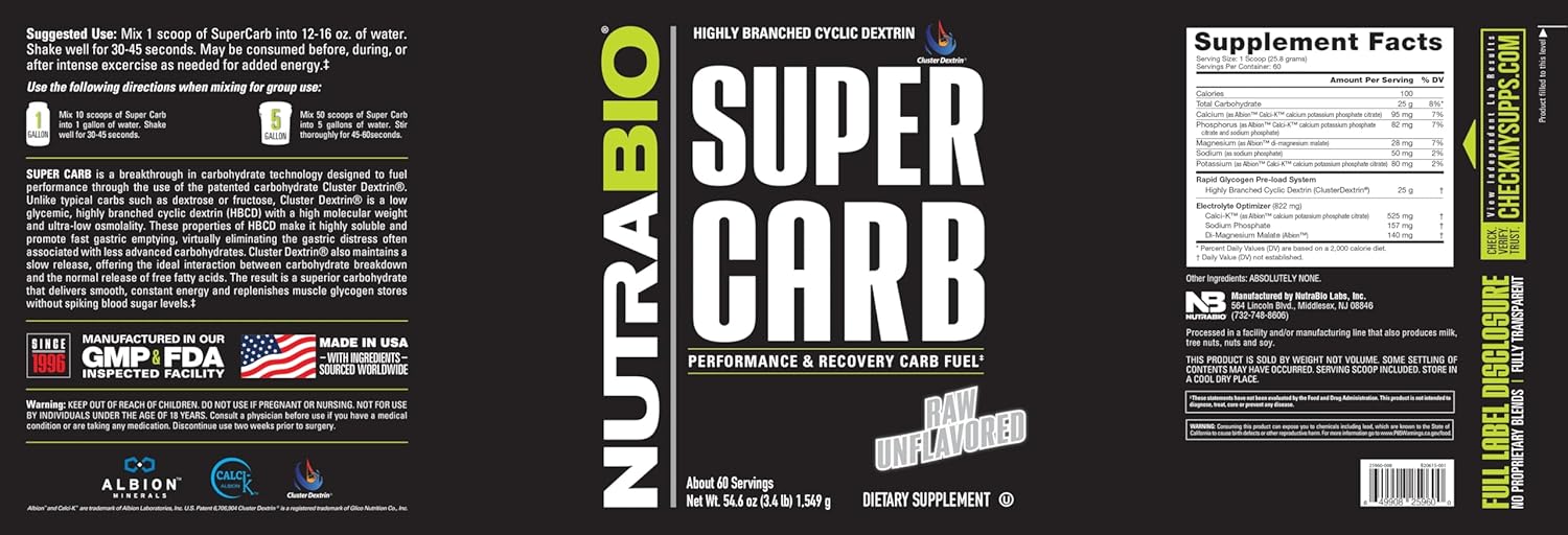 NutraBio Super Carb, Carbohydrate Powder with Cluster Dextrin & Electrolytes, Advanced Carb Supplement Powder for Workout Fuel, Performance, and Muscle Recovery, Cyclic Dextrin, Unflavored, 60 Sv