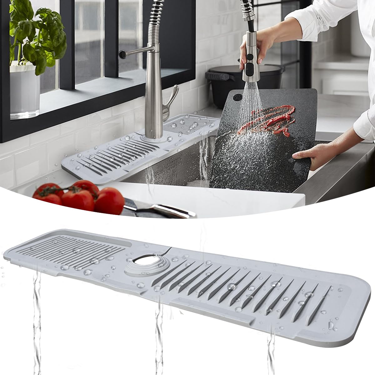 Photo 1 of 24" Large Silicone Faucet Mat, Kitchen Sink Splash Guard,Silicone Faucet Handle Drip Catcher Tray Mat,Sink Protectors for Kitchen Sink Accessories,Bathroom Sink Gray