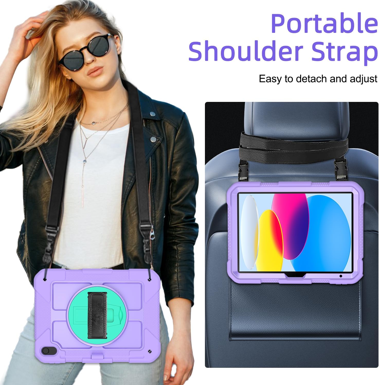 AVAWO 360° Rotatable Case for iPad (A16) 11th Generation 11 Inch 2025, iPad 10th Generation 10.9" 2022, Shockproof Rugged Protective Cover with Swivel Stand/Shoulder Strap/Hand Strap,Light Purple+Teal