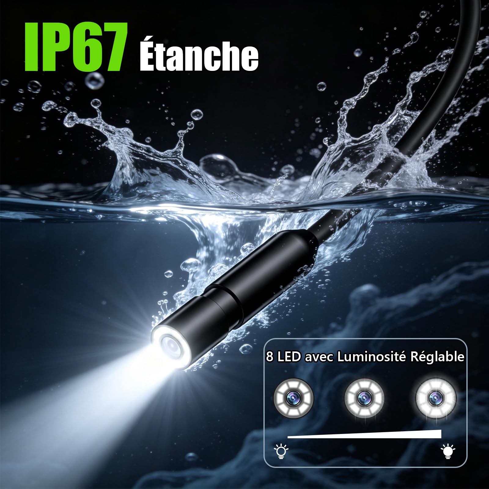 Camera Endoscopique 4.3'' Écran IPS 1080P HD – Caméra d'Inspection Étanche IP67 avec 8 LED et Sonde 8mm, Câble Semi-Rigide 5M avec 32GB Carte TF pour Canalisation, Voiture, Tuyau, Atelier