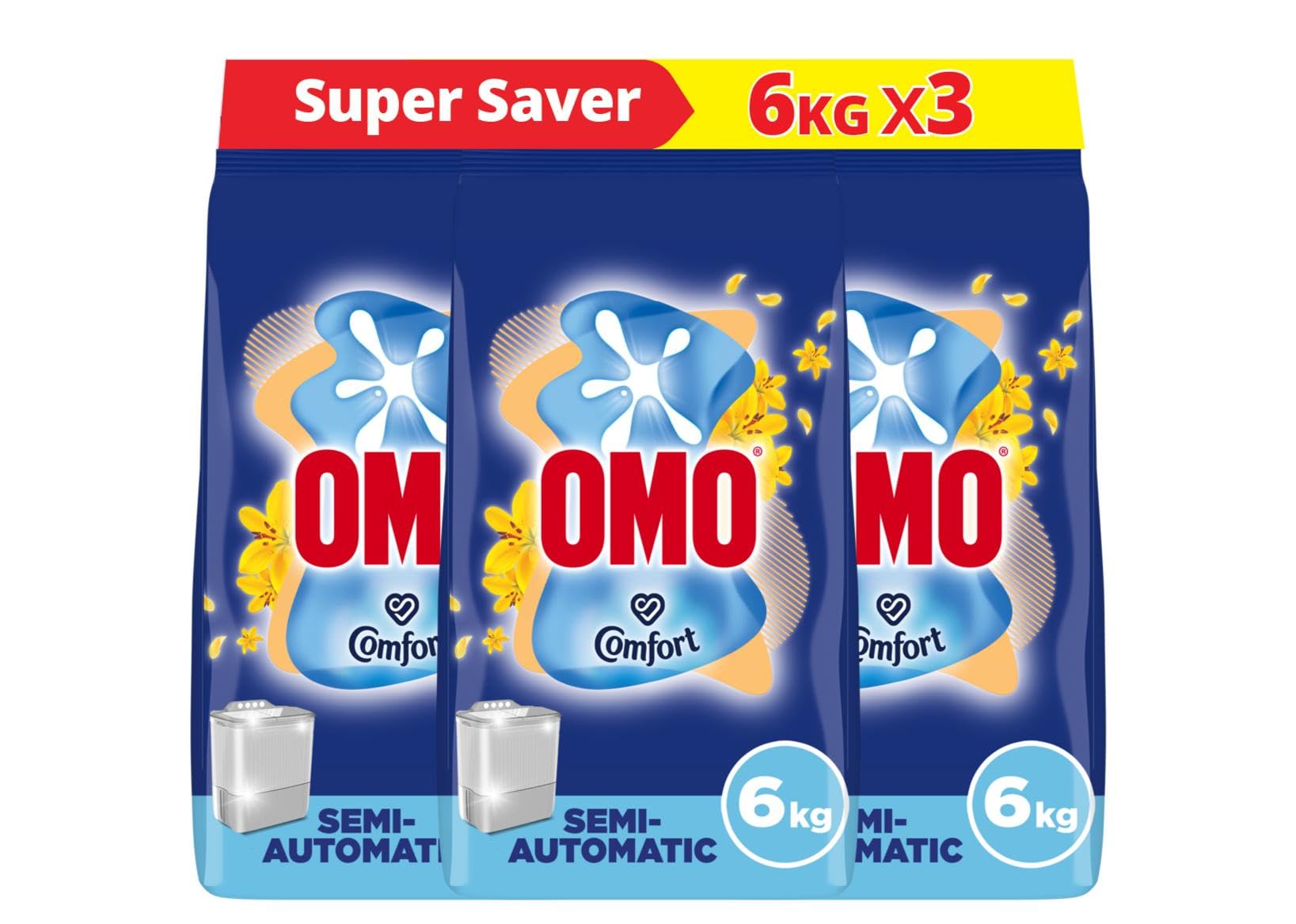 Semi - Automatic Laundry Detergent Powder, Touch of Comfort, up to 100% stain removal in 1 wash*, 6 Kg x 3, Packaging may vary