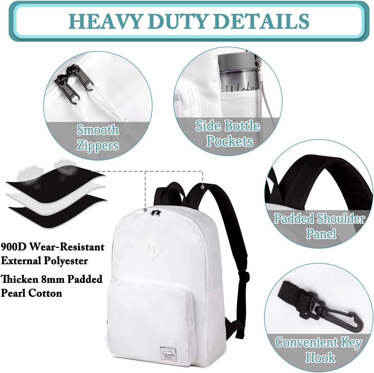VASCHY School Backpack, Ultra Lightweight Backpack for Men Women Bookbag for Kids Teen Boys Girls White