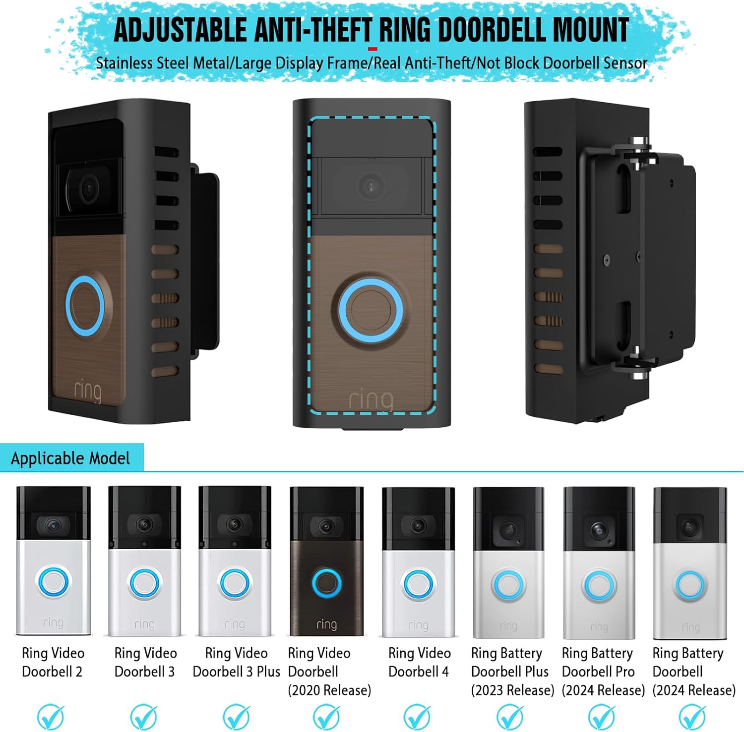 anti-theft doorbell mount with adjustable angle(45-135 degrees),upgraded steel metal bracket for ring battery video doorbell 2/3/4/(2020 release)/(2024 release)/plus/pro cover holder not block sensor