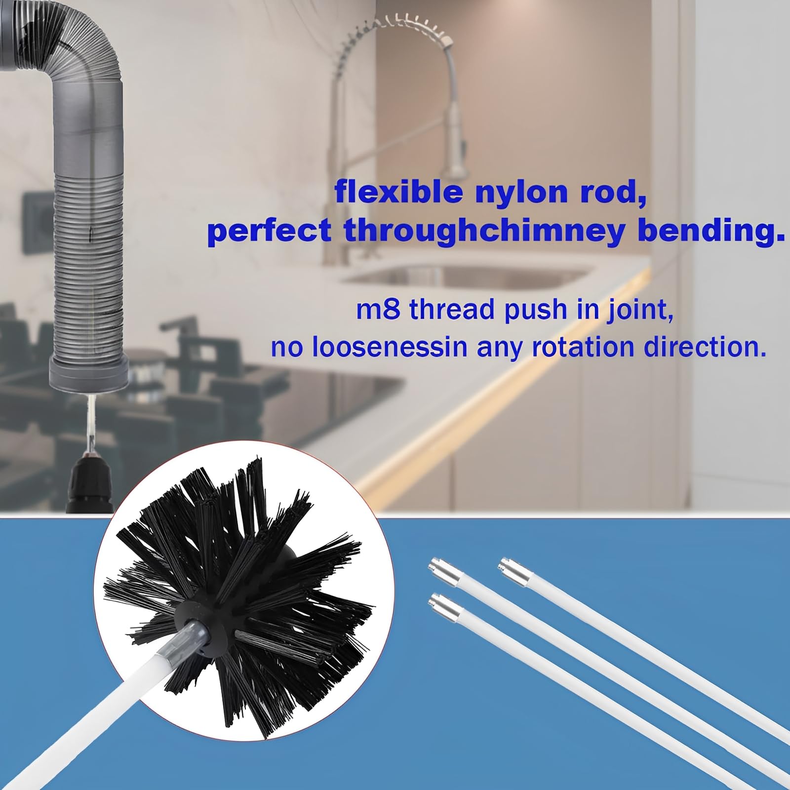 Chimney Cleaning Brush Kit, 15 Flexible Rods with 100mm Nylon Rotary Brush for Fireplace Dryer Vent & Flue - Image 3
