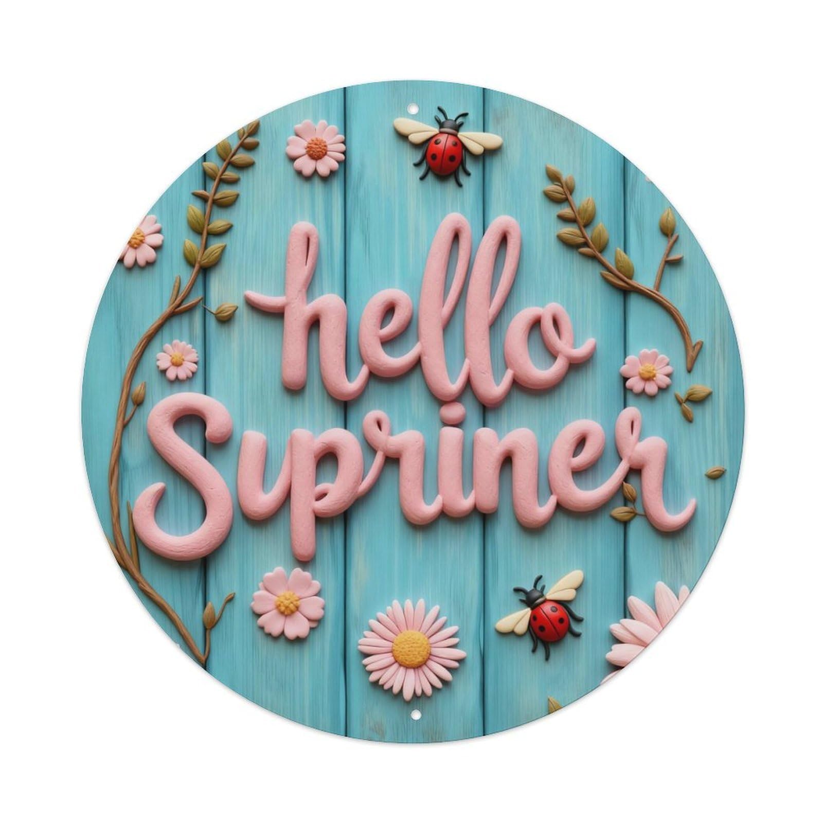 Hello Summer Daisies Bees Wood Round Metal Tin Sign Vintage Wall Decor, Bar Garage Cafe Kitchen Home Wall Art Poster 8x8inches