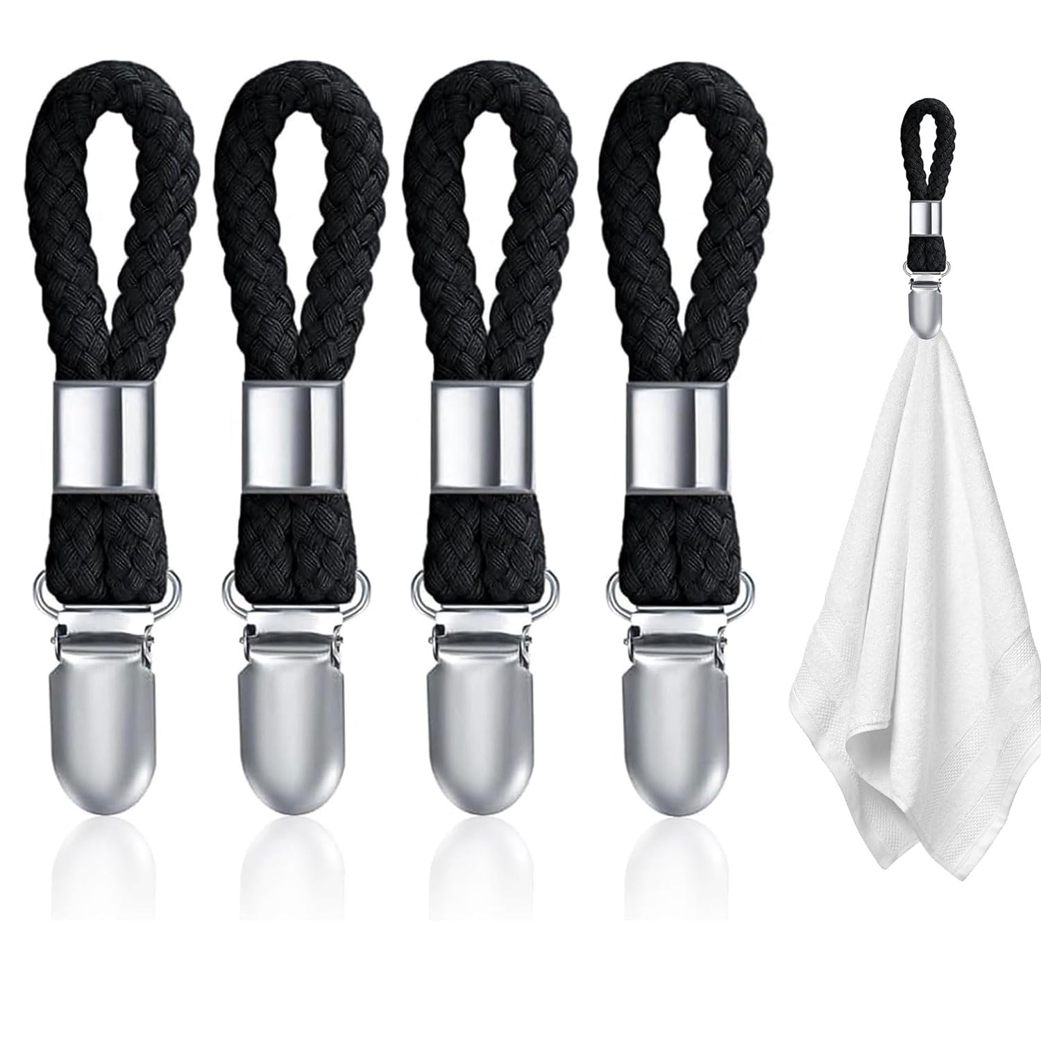 JJiaoLinin Black Towel Clips,4 Pcs Hanging Tea Towels Clip,Brackets-Braided CottonTowel Clips with Hanging Loop,for Hanging Clothes,Tea Towel/Beach Towel/Hand Towel Clip Hooks for Kitchen Bathroom