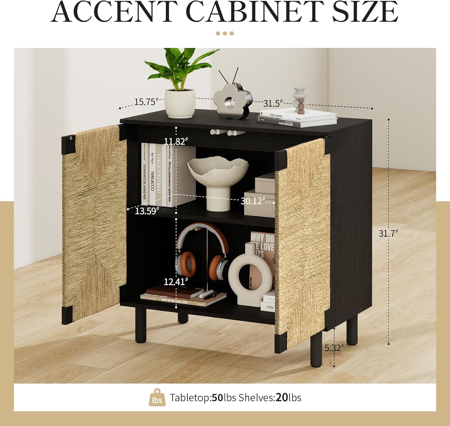 Small Accent Cabinet with Doors - Sideboard Buffet Cabinet with Storage, Coffee Bar/Media/TVCabinet with 2 Door, 31.5" Boho Wood Credenzas for Living Room, Hallway, Kitchen, Beacon & Black