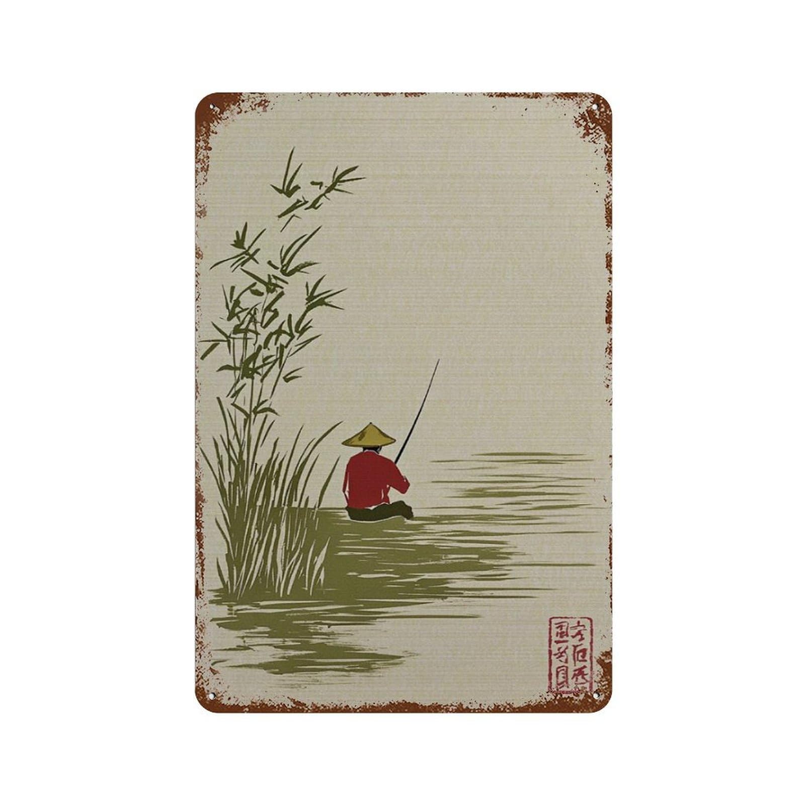 xiaoxiaoshen Fishing Man Japanese Style Minimal Lake Scene Zen Calm Nature Wall Decor Art Metal Tin Poster Modern Home Decor Art Home Bar Shop Decorations Vintage Sign 30x20cm