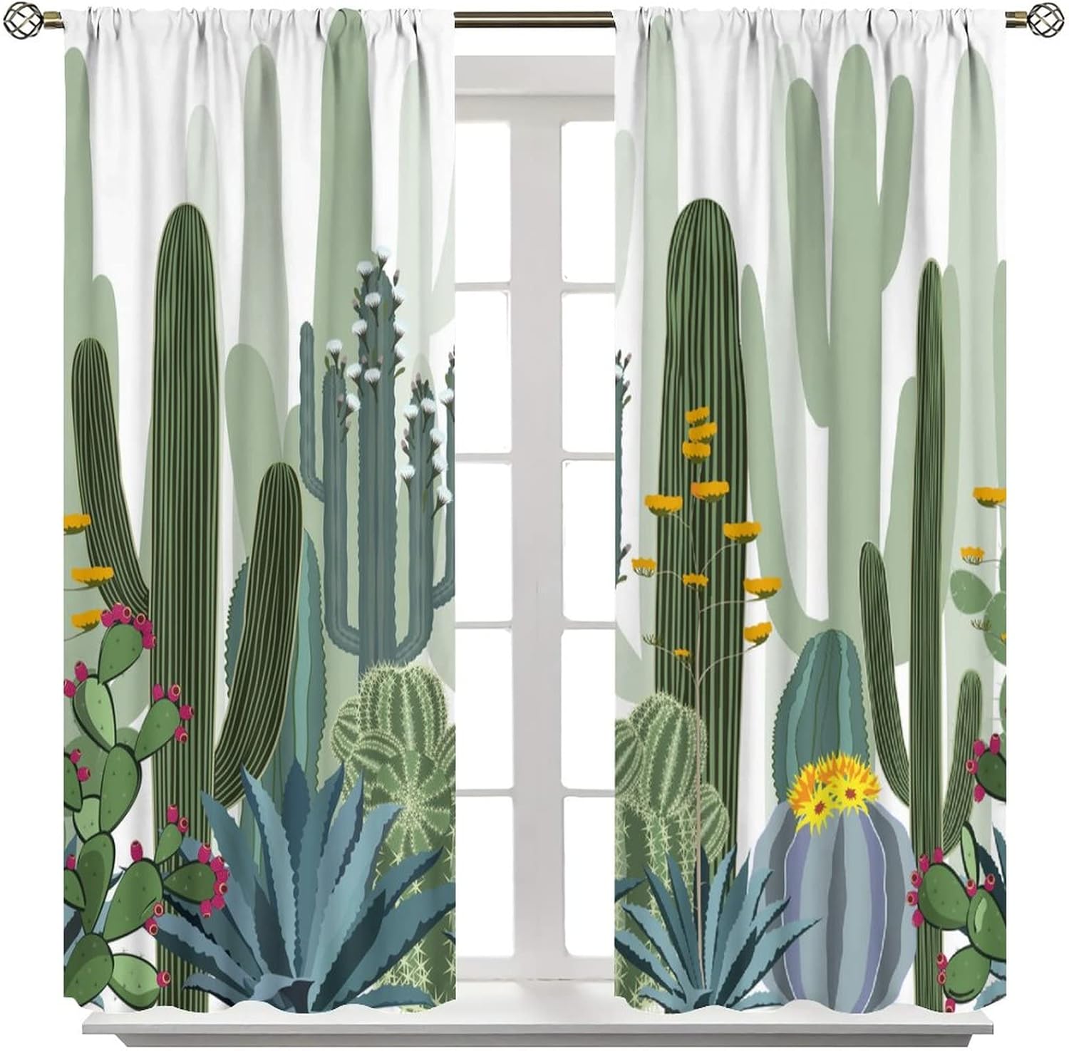 Wild Cactus Kitchen Blackout Curtains,Tropical Watercolor Cactus Forest Green Succulents Flower Print Rod Pocket Window Drapes for Kids Room Living Room 42x45 Inch