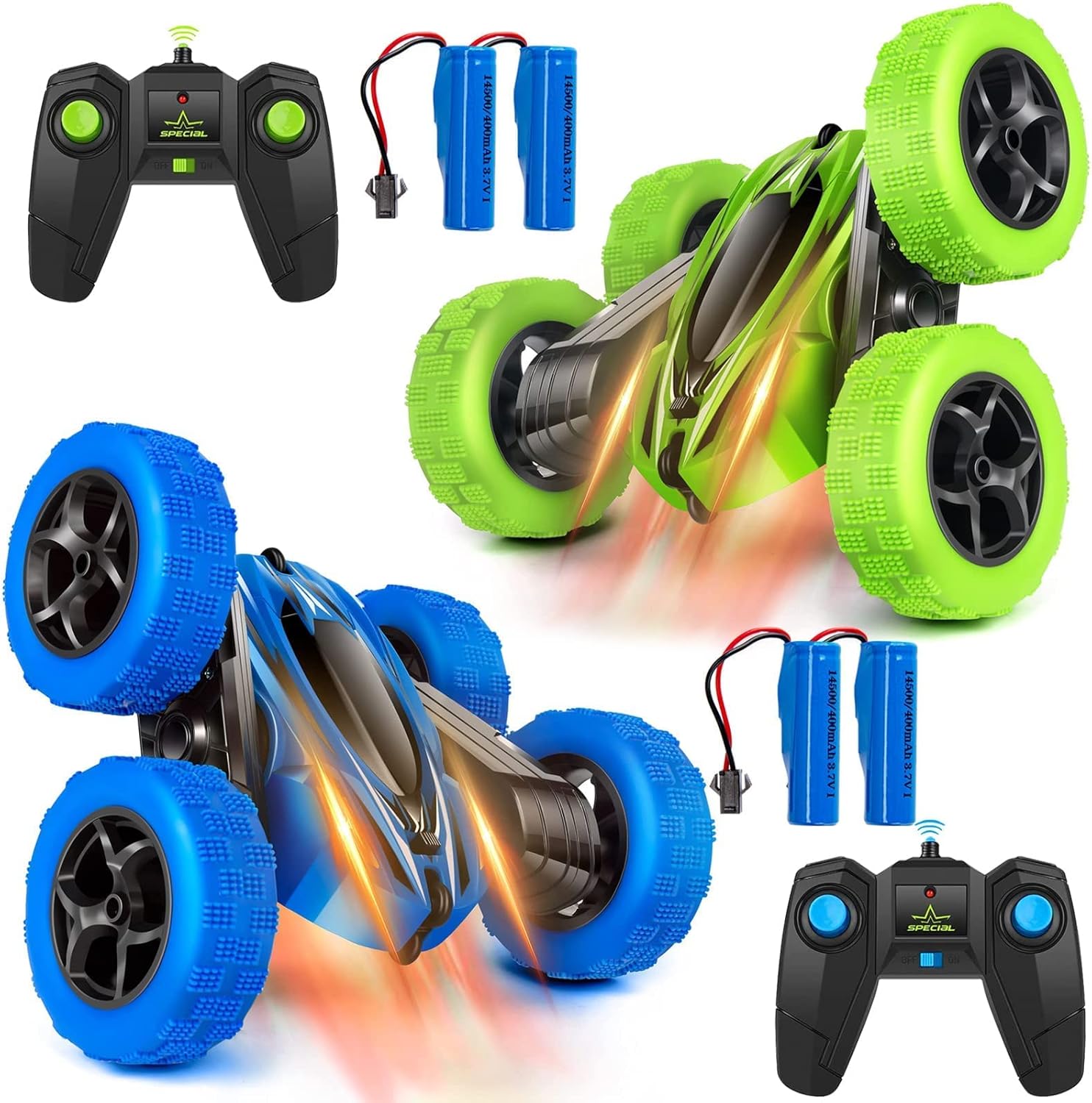 Lumiparty 2PACK RC Stunt Car Remote Control Car for Kids, 2.4Ghz High Speed Rock Crawler Vehicle,360 Rotating 4WD Off Road Double Sided Rotating Tumbling Rc Car with 4 Rechargeable Battery.
