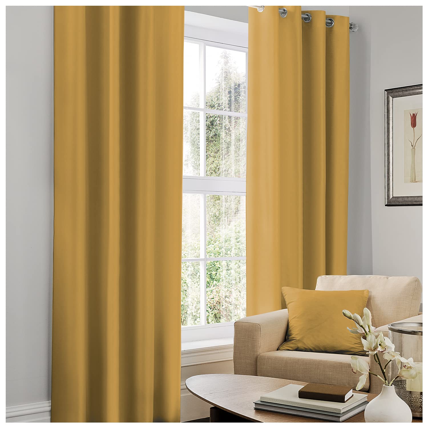 GC GAVENO CAVAILIA Fully Lined Curtains Eyelet, Ultra Soft Faux Silk Window Treatment Drapes With Tie Backs, Ochre, 90X90 Inch — image 1