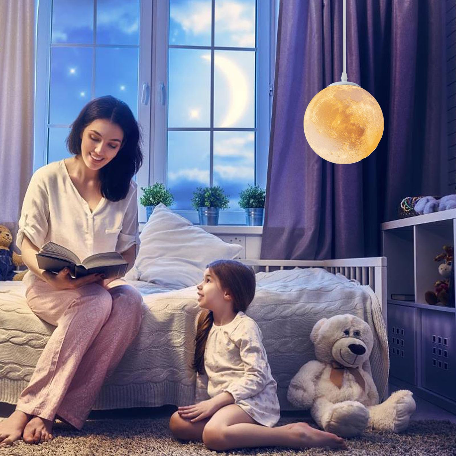 Plug-In Moon Pendant Light With 16.4ft Cord & Switch – 3-Color Bulb Included, Hanging Lamp For Kids Room