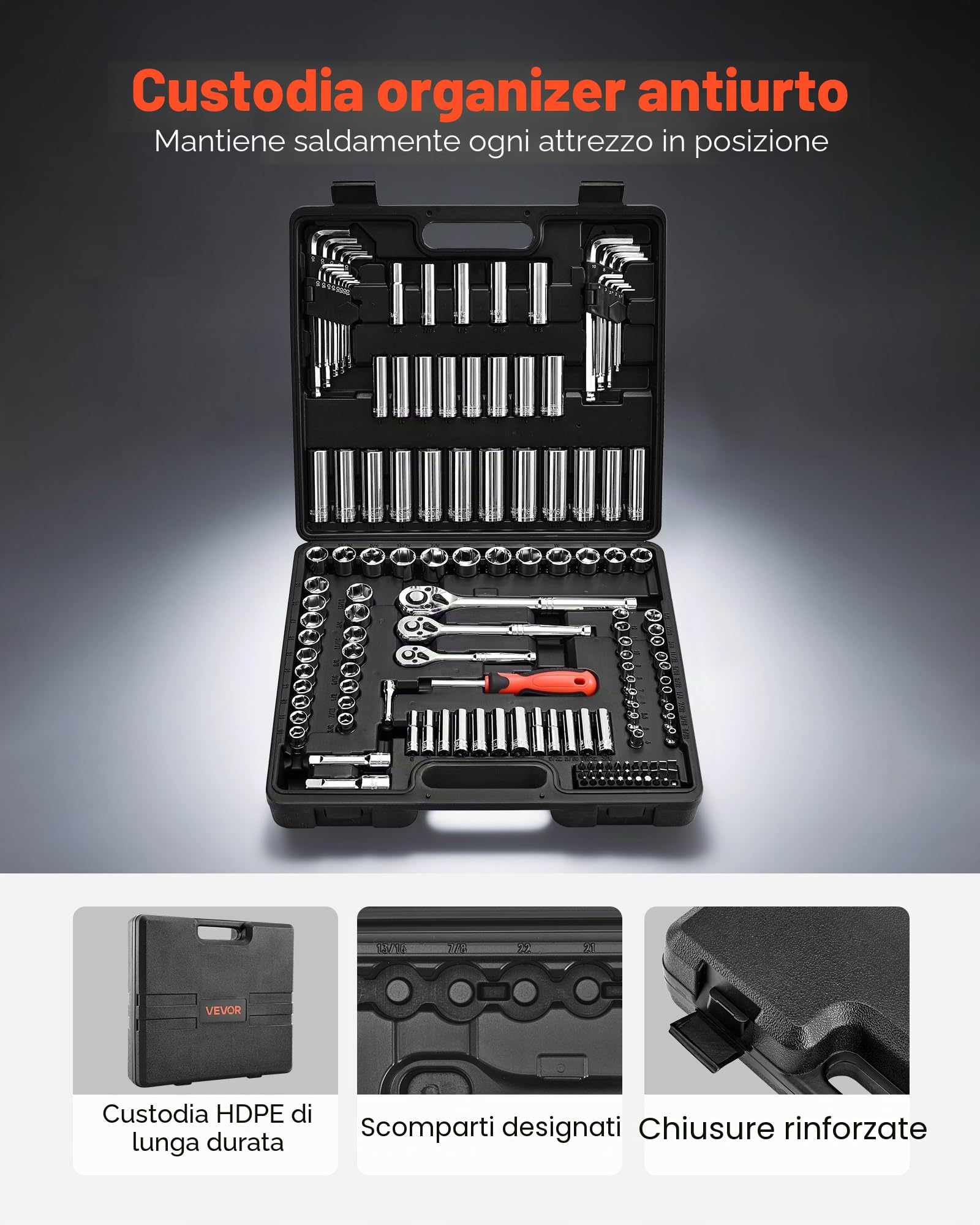 VEVOR Set di Bussole, 149 Pezzi, Set di Bussole e Cricchetti da 9,5/6,4/12,7 mm, SAE e Metriche, Profonde e Poco Profonde, con Punte, Accessori e Custodia, Acciaio Legato CR-V, per Riparazioni Auto