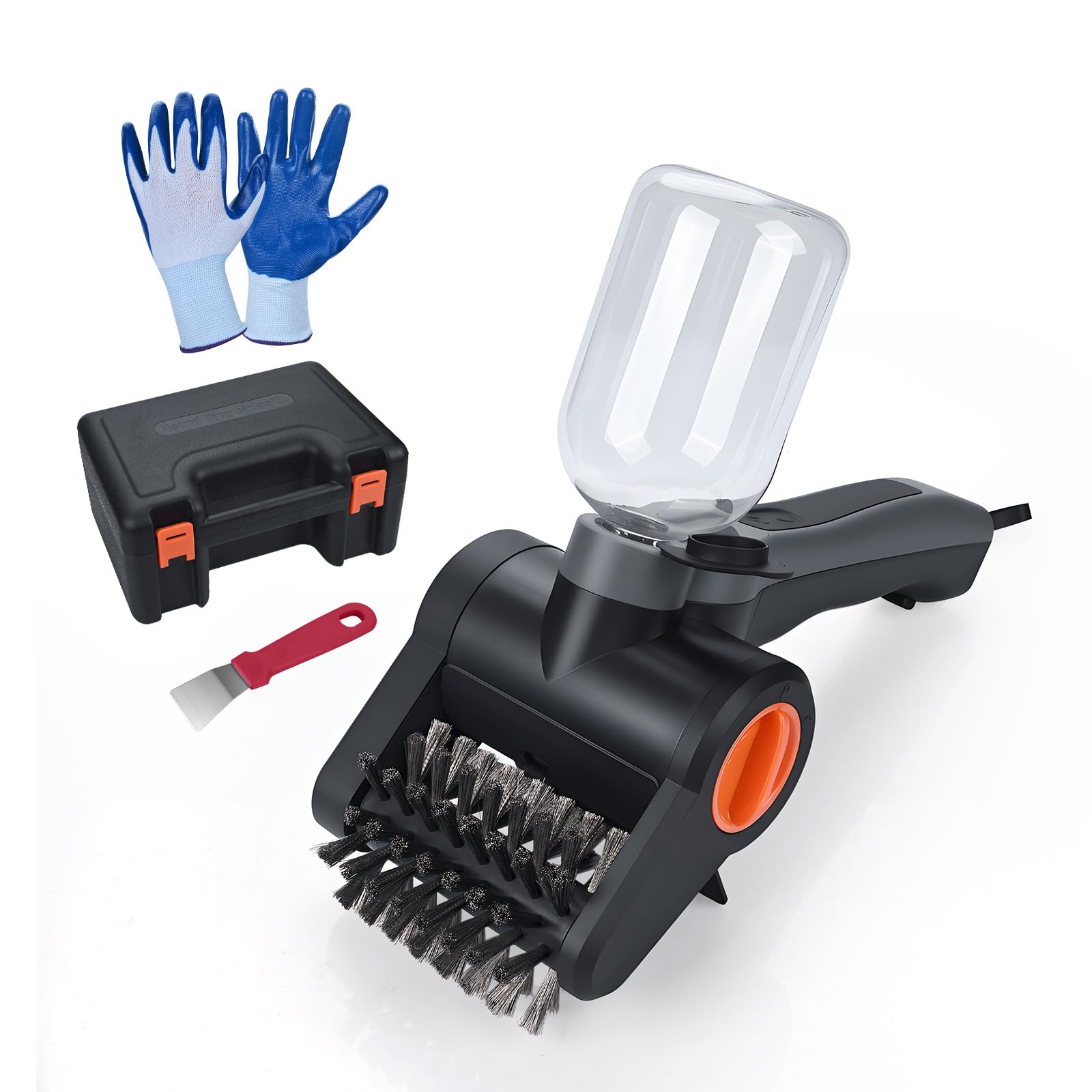 Elektryczna Szczotka do Grilla z Zbiornikiem Wody 300ml firmy MMOBIEL – Bezprzewodowy Środek do Czyszczenia BBQ z 2 Prędkości, Silnik 100W, Ładowanie USB-C, Ergonomiczny Uchwyt, Etui i Rękawice