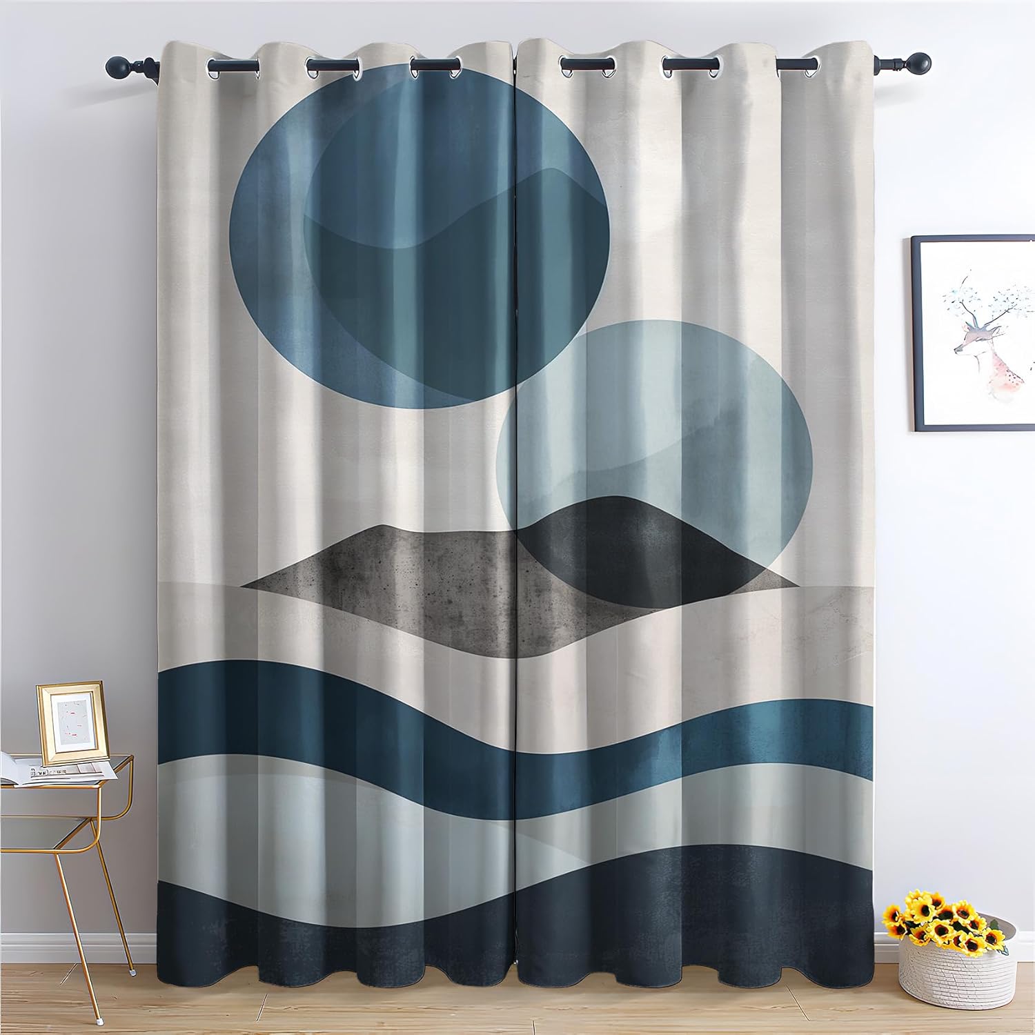 Abstract Geometric Curtains, Mid Century Modern Art Colorful Window Curtains, Boho Blackout Curtains for Bedroom Living Room Home Decor, Patterned Grommet Drapes 63 Inch Length 2 Panels Set