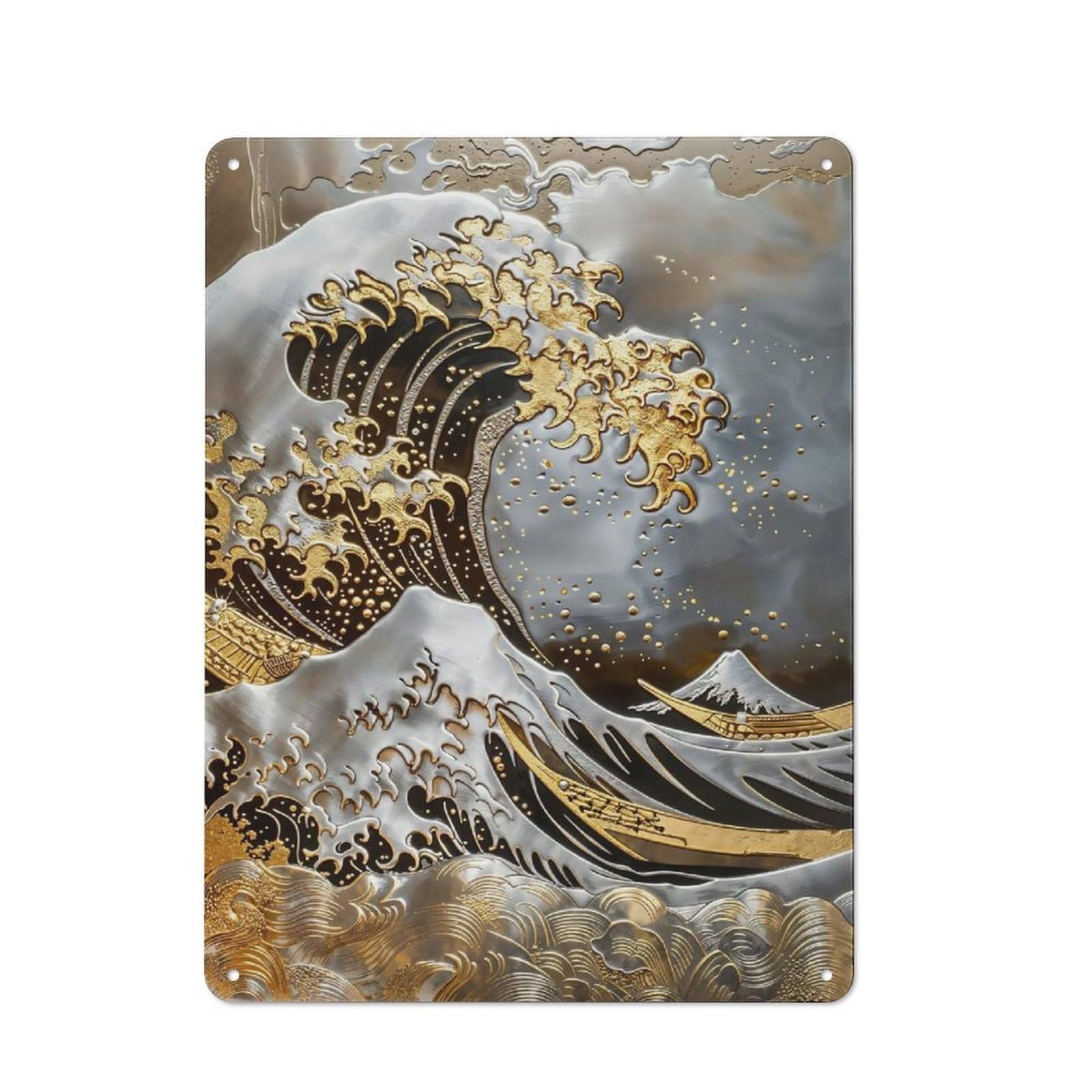 Precious Metal Japan Wave Decorative Metal Plaque, Small Wall Accent for Workshop, Shed And Game Room, 40x30cm