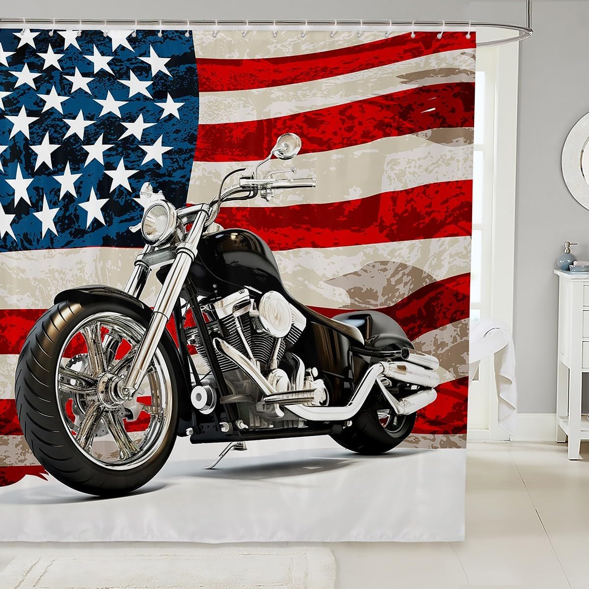 Castle Fairy Cool Motorcycle Waterproof Shower Curtains,American Flag Classic Shower Curtain,Motorbike Extreme Sports Modern Bathroom Accessories,72" X 78"