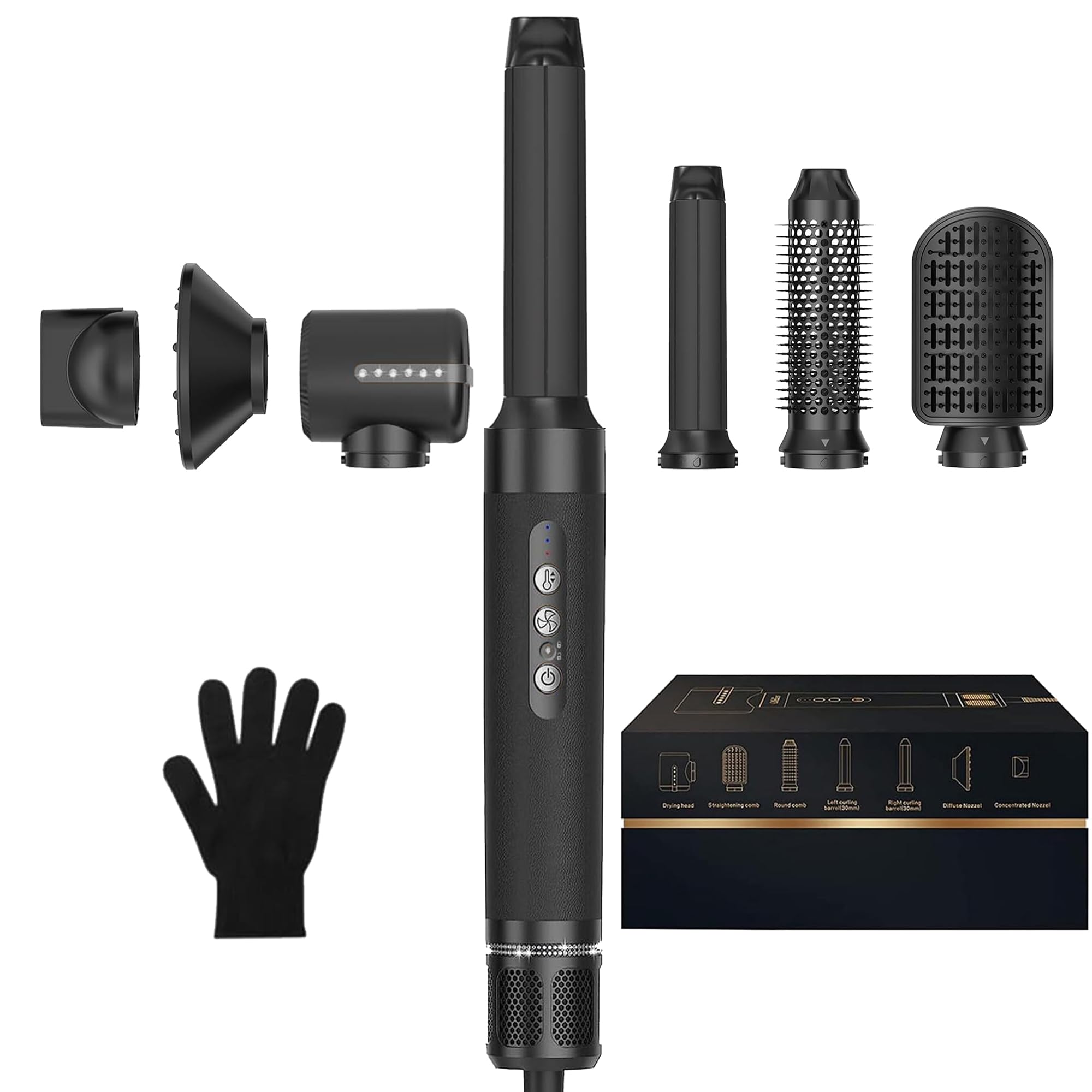 Hair Dryer Brush 7 in ONE, Detachable Fast Drying, Volumizing, Curling, Straightening, Ionic Hair Dryer with Diffuser, Powerful Blow Dryer Brush with Auto- Wrap Curler, Hair Styling Tools 100-120V Black Silver