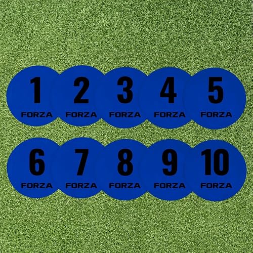 FORZA Numbered Flat Disc Markers [Set of 10] | Non-Slip Training Discs for Soccer, Footbal,l Basketball & Speed Agility Drills | High Visibility, Indoor & Outdoor Coaching Equipment (Electric Blue)