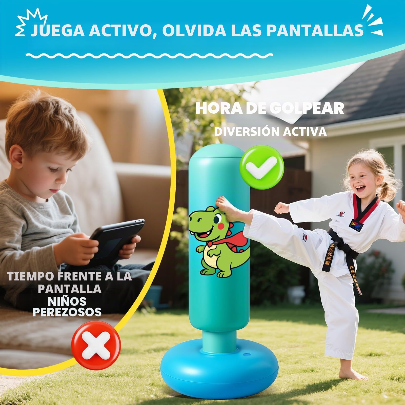 Saco de Boxeo de Pie, 120 cm Saco Boxeo Niños, Inflable Bolsa De Boxe con Guantes y Bomba para Practicar MMA Karate Taekwondo Punching Ball para 3-8 Niños