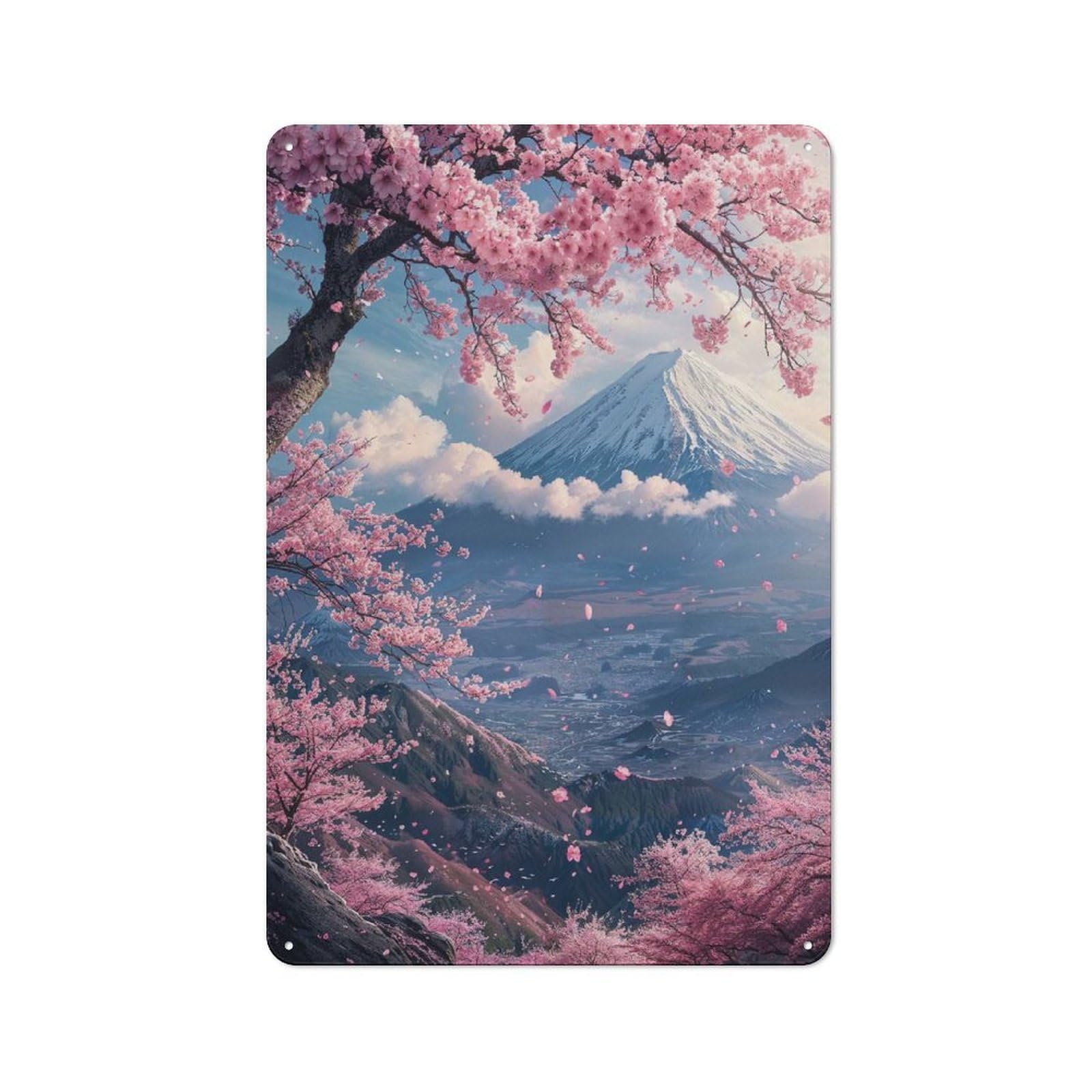 Junmoney Style-3 Vintage Metal Sign With Japan Mount Fuji Sakura V2 Design 30X20cm, Retro Room Wall Plaque For Home, Shop, Pub Or Studio Wall