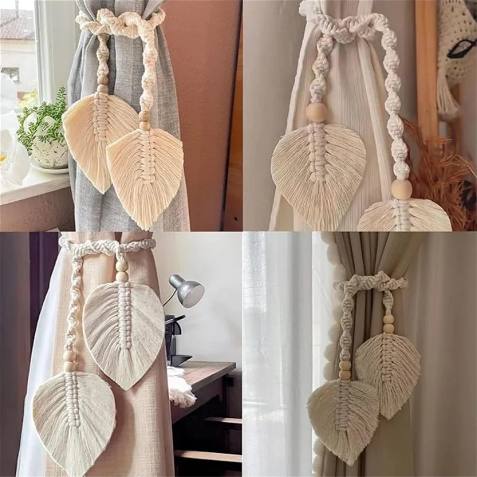 Alzapaños De Cortina Trenzados 6 alzapaños de Cortina de macramé con Hojas y Cuentas de Madera for el hogar y el Dormitorio.(Green)