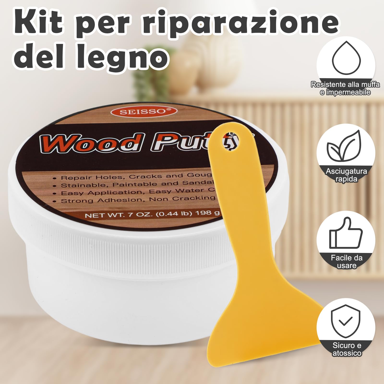 SEISSO 200g Stucco per Legno Nero, Kit di Riparazione per Mobili in Legno Stucco per Legno Mordente Verniciabile Levigabile