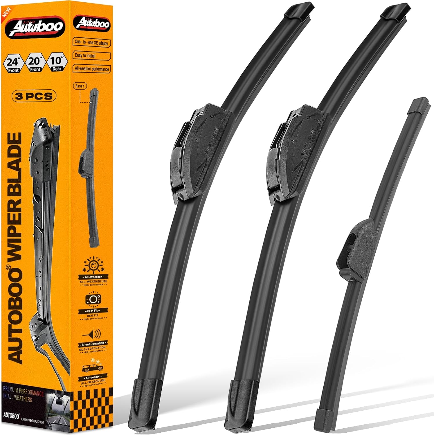 AUTOBOO 24"+20" Windshield Wipers with 10" Rear Wiper Blade Sets Replacement for Kia Soul 2020 2021 2022 2023 2024 2025 -Original Factory Quality (Pack of 3)