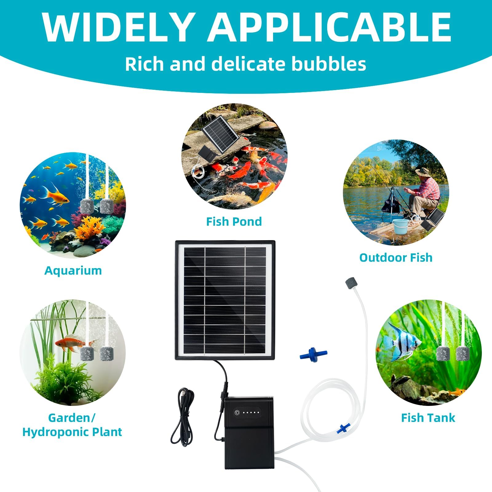 Pompes à air solaires, charge Type-C et charge solaire disponibles, oxygénateur 5W Pompe à air pour aquarium Aérateur de pêche avec tuyau Pierres à bulles d'air, pompe à oxygène solaire pour